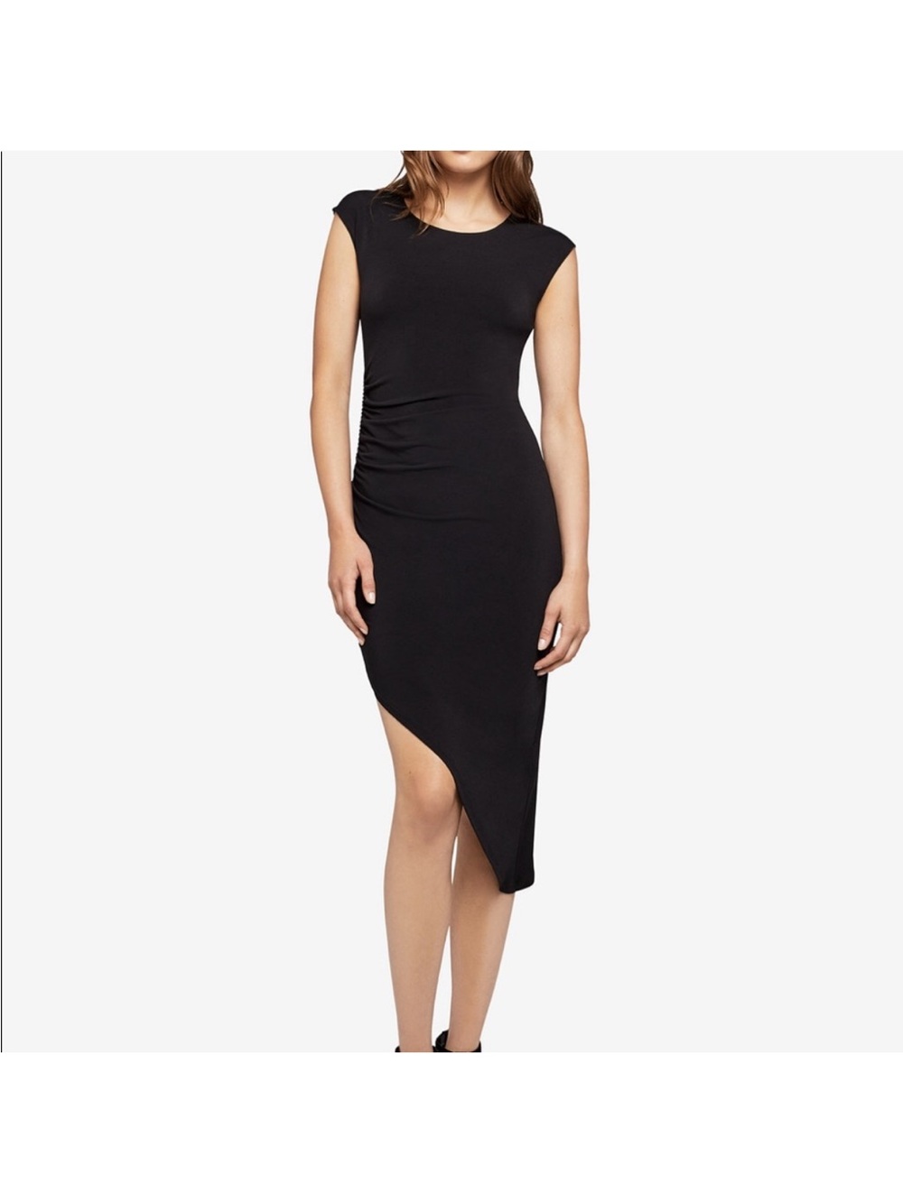 BCBGeneration Black Asymmetrical Cap-Sleeve Midi Dress